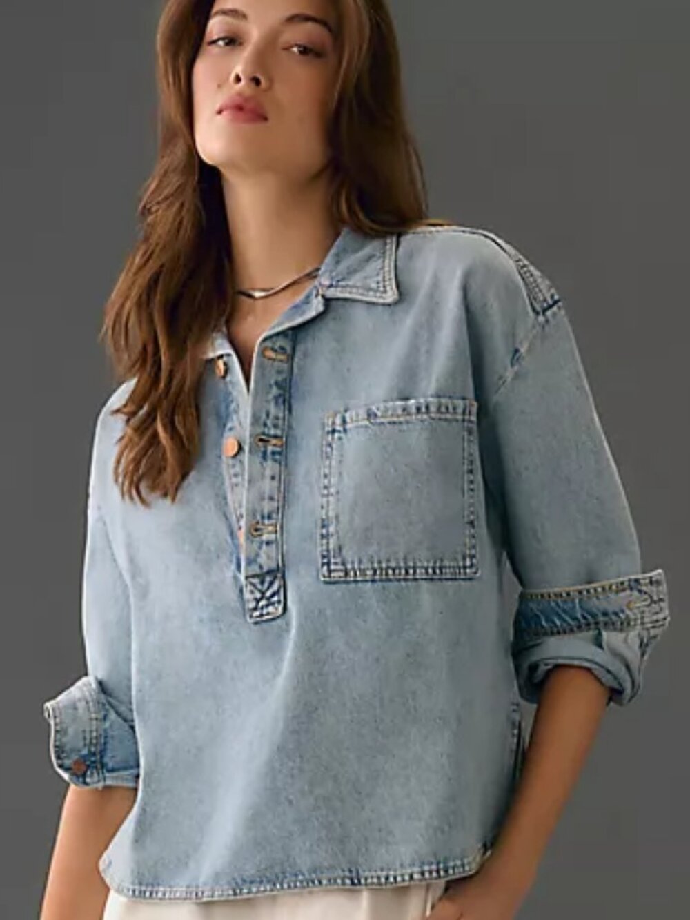 Preowned Pilcro Regenerative Cotton Denim Popover Shirt - Large